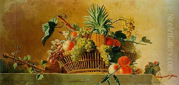 Still Life Of A Basket Of Fruit Resting On A Stone Ledge Oil Painting by Jean-Jacques Bachelier