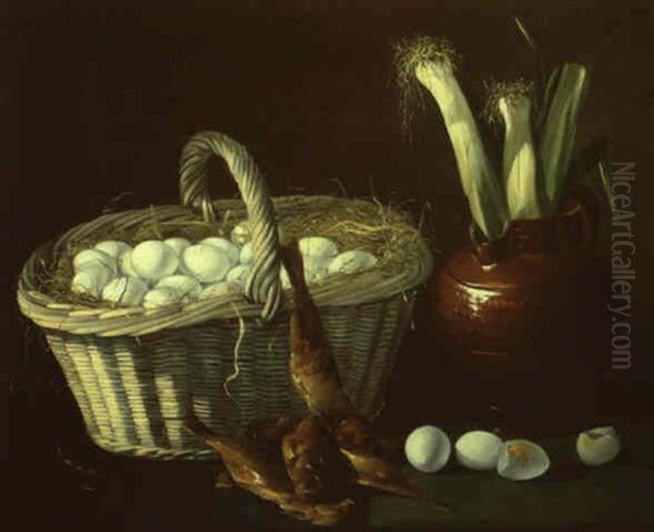 Nature Morte Au Panier D'-ufs, Poissons Et Poireaux Oil Painting by Jean-Jacques Bachelier