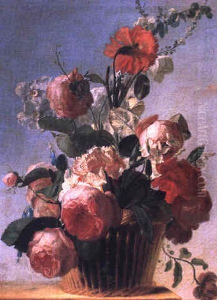 Roses, Oeillets Et Narcisses Dans Une Corbeille Posee Sur Un Entablement Oil Painting by Jean-Jacques Bachelier