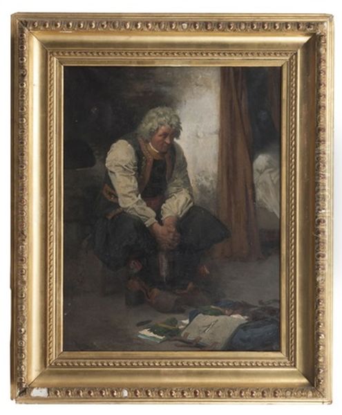 Paysan Breton Pleurant Sur Le Sac De Son Fils Mort A L'armee Oil Painting by Auguste Bachelin