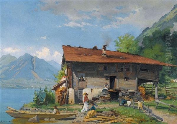 Sonniges Seeufer Mit Bauernhaus Und Staffage Oil Painting by Auguste Bachelin