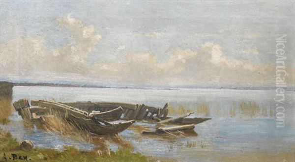 Barques Echouees Au Lac De Neuchatel Oil Painting by Auguste Bachelin