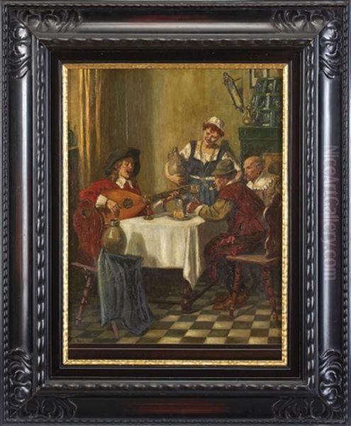 Frohliche Runde Mit Mandolinenspieler In Einer Gaststube Oil Painting by Gottfried Albert Maria Bachem