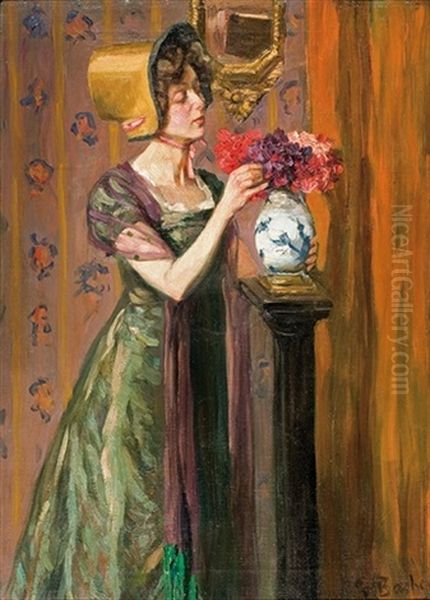 Lady With Flowers Oil Painting by Gottfried Albert Maria Bachem