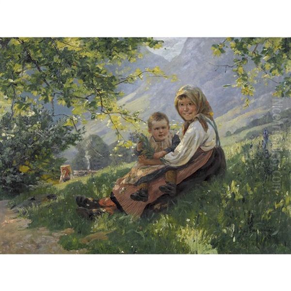 Sommeridylle Mit Kinderpaar Oil Painting by Hans Bachmann