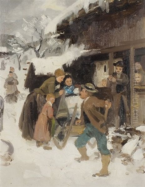 Auf Dem Weg Zur Taufe Im Winter Oil Painting by Hans Bachmann