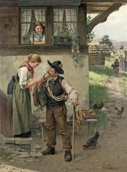 Departure At The ''alpenrose'' Oil Painting by Hans Bachmann