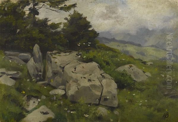 Gebirgslandschaft Mit Baumen Und Steinen Oil Painting by Hans Bachmann