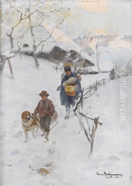 Wintermorgen Mit Einem Postboten Oil Painting by Hans Bachmann