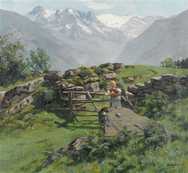 Junge Bauerin Am Alpweg Mit Blick Auf Den Hohen Dachstein Oil Painting by Hans Bachmann