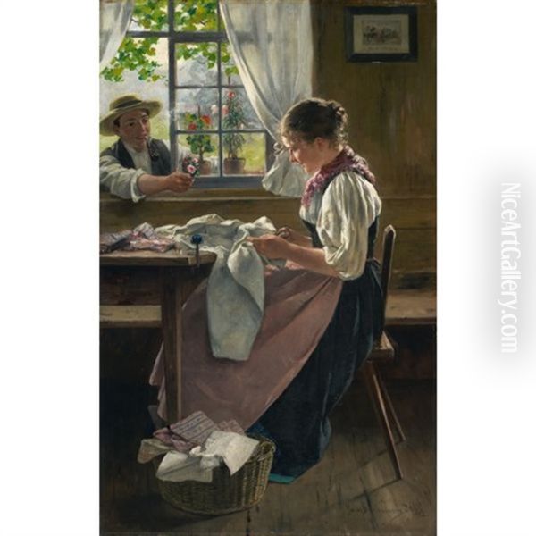 Nahendes Madchen (sewing Girl) Oil Painting by Hans Bachmann