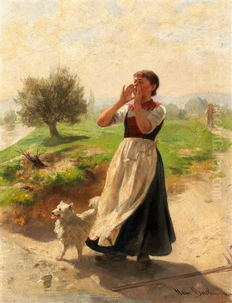 Junge Bauerin Am Ufer Oil Painting by Hans Bachmann