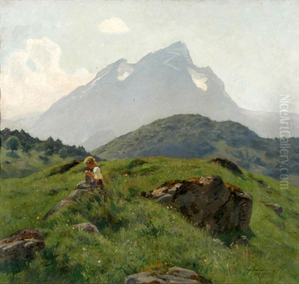 Blick Vom Burgenstock Mit Kind Oil Painting by Hans Bachmann