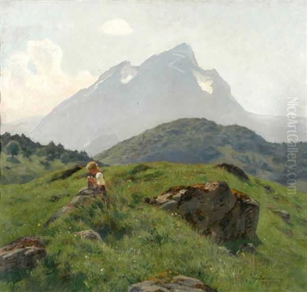 Blick Vom Burgenstock Mit Kind Oil Painting by Hans Bachmann