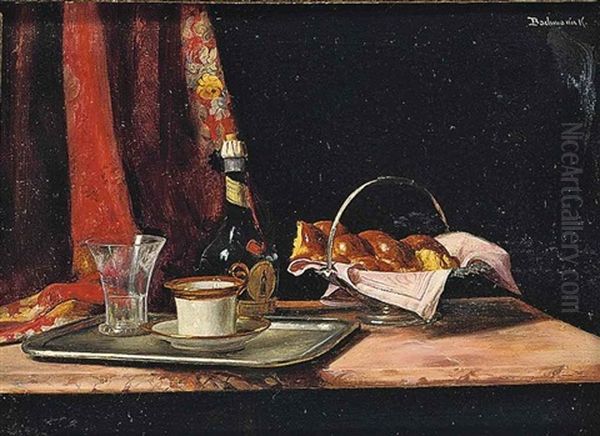 Bread In A Silver Basket, A Wine Bottle And A Glass And Tea Cup On A Silver Tray, On A Table Oil Painting by Karoly (Karl) Bachmann