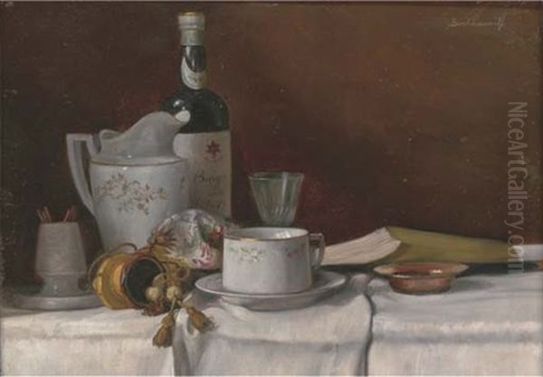 A Cup, Saucer, Bottle, Jug And Glass With A Book To The Side Oil Painting by Karoly (Karl) Bachmann