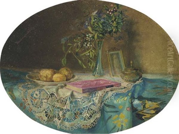 Flowers, A Pink Book And Fruit On A Table Oil Painting by Karoly (Karl) Bachmann