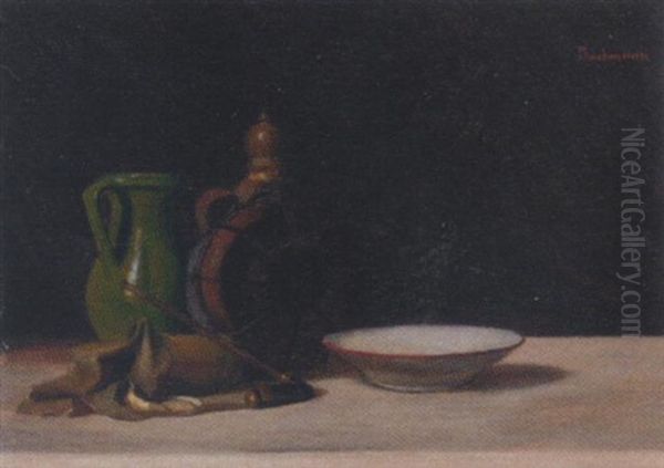 An Ewer, A Jug, A Bowl, A Pipe And A Bag On A Ledge Oil Painting by Karoly (Karl) Bachmann