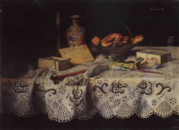 Stilleben Mit Schreibutensilien, Zigarettenschachtel Und Henkelkorb Oil Painting by Karoly (Karl) Bachmann