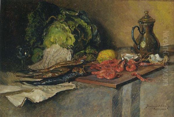 Prawns, A Wedge Of Brie, Fish, A Cabbage, A Lemon, Oysters, A Glass And A Coffee Pot On A Table Oil Painting by Karoly (Karl) Bachmann