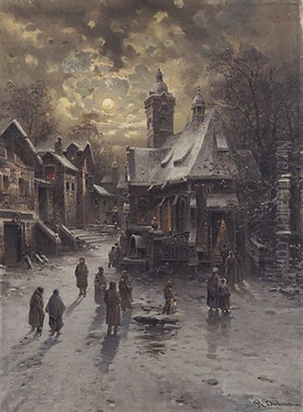 Verschneites Mittelalterliches Stadtchen. Kirchganger Auf Dem Weg Zur Christmette Oil Painting by Rudolf Bachmann