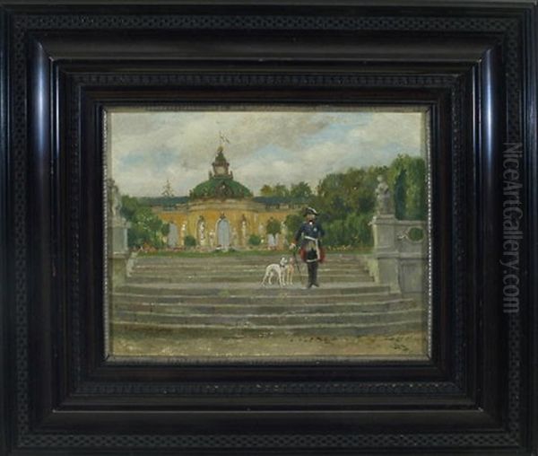 Friedrich Ii. Auf Der Treppe Des Parkes Von Schloss Sanssouci Mit Zwei Windhunden Oil Painting by Emmanuel Bachrach-Baree