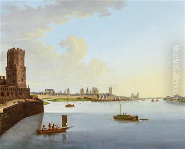 Koln. Ansicht Vom Sudlichen Ufer Mit Dem Bayenturm Auf Stadt Und Hafen Oil Painting by Johann Bachta