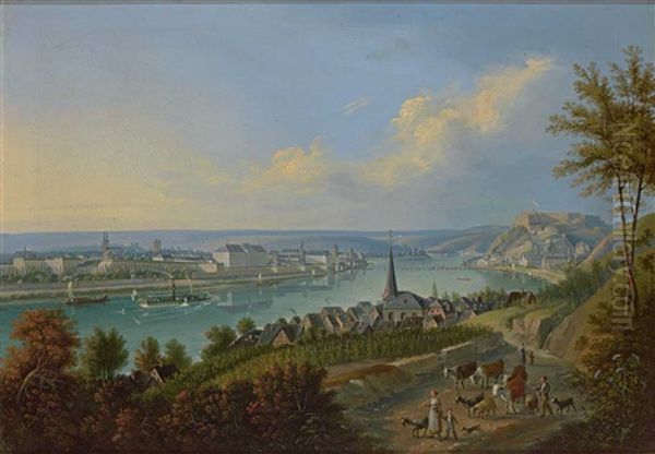 Blick Von Der Hohe Auf Koblenz Und Ehrenbreitstein, Im Vordergrund Paffendorf Mit Der Pfarrkirche Oil Painting by Johann Bachta