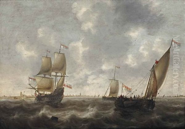 A Dutch Man-of-war And Other Shipping In Choppy Waters, A Town Beyond Oil Painting by Jacob Adriaensz de Backer