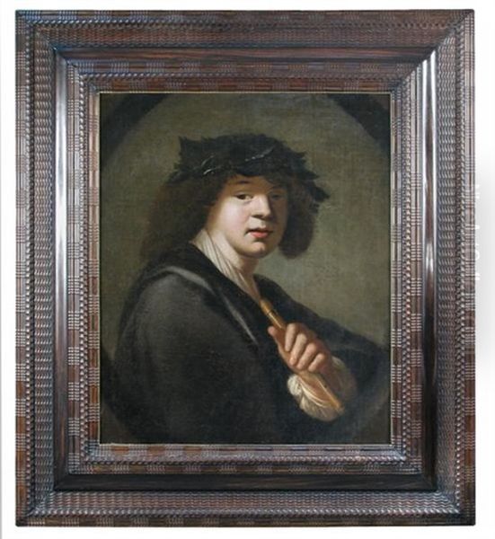 Portrait Of A Young Man Holding A Flute, And Wearing A Wreath Of Laurel Leaves Oil Painting by Jacob Adriaensz de Backer