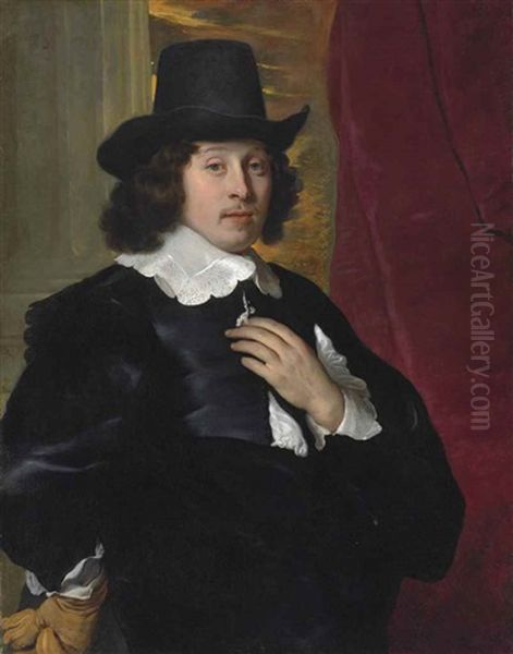 Portrait Of A Gentleman, In A Black Coat With A White Collar And Cuffs, Wearing A Black Hat, A Glove In His Right Hand, Before A Column And A Red Curtain Oil Painting by Jacob Adriaensz de Backer