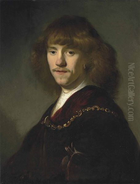 Portrait Of A Man, Half-length, In A Dark Red Cloak And Gold Chain, Wearing An Earring Oil Painting by Jacob Adriaensz de Backer