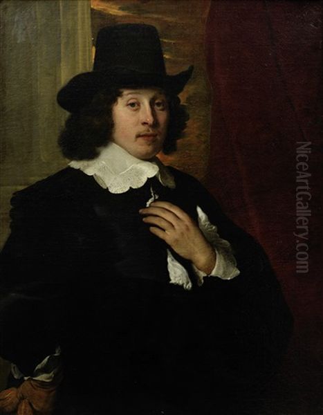 Portrait Of A Gentleman, Three-quarter-length, In A Black Tunic With A Lace Collar Oil Painting by Jacob Adriaensz de Backer