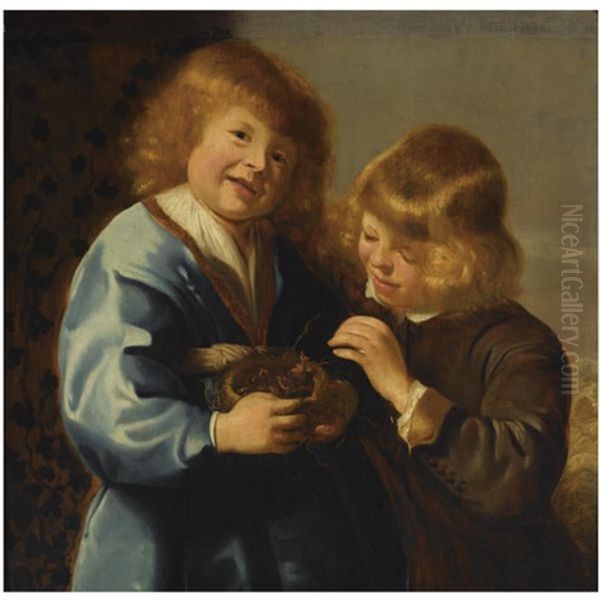 A Portrait Of Two Young Boys Holding A Bird's Nest Oil Painting by Jacob Adriaensz de Backer