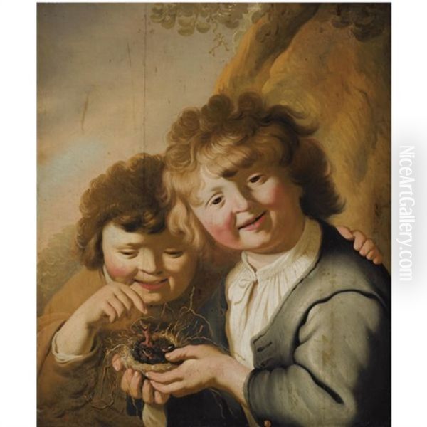 A Portrait Of Two Young Boys Holding A Bird's Nest Oil Painting by Jacob Adriaensz de Backer