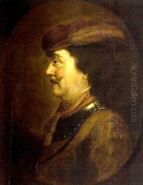 A Portrait Of A Gentleman Wearing A Feathered Cap Oil Painting by Jacob Adriaensz de Backer