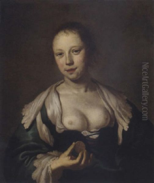 The Sense Of Touch: A Courtesan Holding A Coin Oil Painting by Jacob Adriaensz de Backer