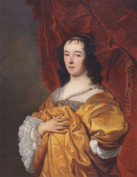 Portrait Of Geerruida Hasselaer Wearing A Yellow Silk Dress And Lace Chemise, Pearls And Bonnet Oil Painting by Jacob Adriaensz de Backer