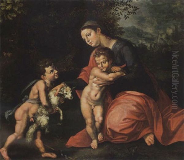 Madonna And Christ With St. John, And St. Joseph In The Right Background Oil Painting by Jacob De Backer