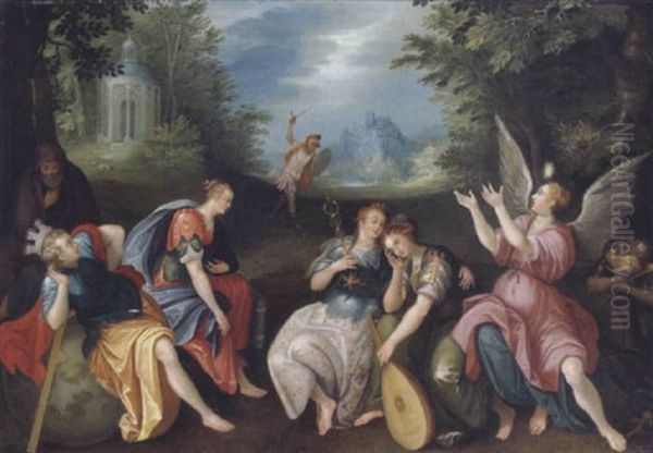 Allegorie, In Einer Mystischen Waldlandschaft Mit Einer Burg Auf Einer Fernen Anhohe Allegorische Weibliche Figuren Mit Einer Stadtgottin Und Mars Oil Painting by Jacob De Backer