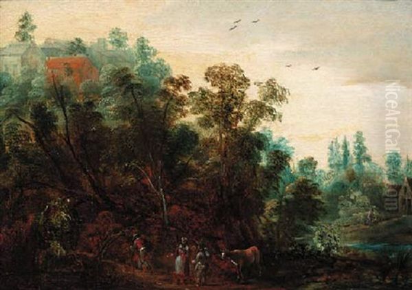 A Wooded Landscpe With Travellers On A Path Oil Painting by Jacques Backereel