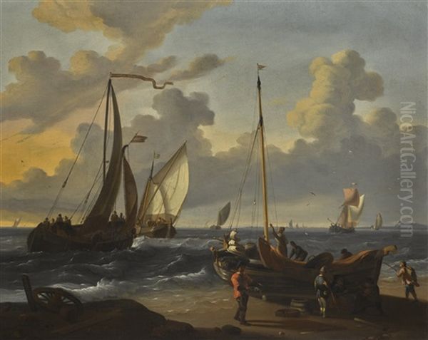 A Fishing Pink Being Made Ready To Be Launched From A Beach In A Breeze, With Small Dutch Vessels Inshore Oil Painting by Ludolf Backhuysen the Elder