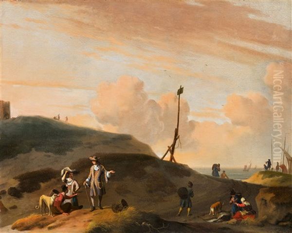 Figures In A Dune Landscape Oil Painting by Ludolf Backhuysen the Elder