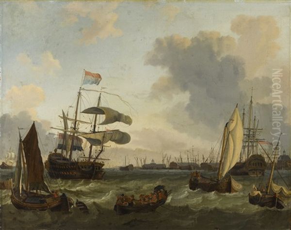 Dutch Men O'war And Smaller Craft At A Port Near Amsterdam Oil Painting by Ludolf Backhuysen the Elder