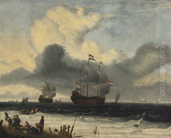 Ships Off The Coast, A Storm Approaching Oil Painting by Ludolf Backhuysen the Elder