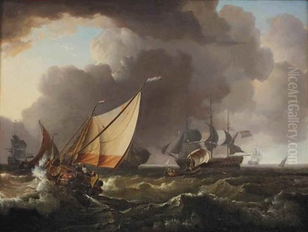 A Seascape With Various Sailing Boats On Stormy Waters Oil Painting by Ludolf Backhuysen the Elder