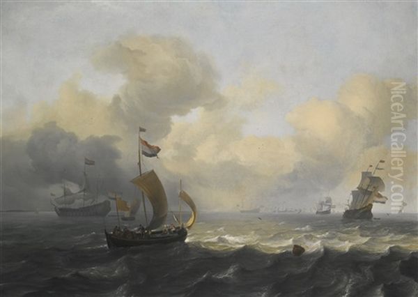 Dutch Vessels Off A Coastline On A Breezy Day Oil Painting by Ludolf Backhuysen the Elder