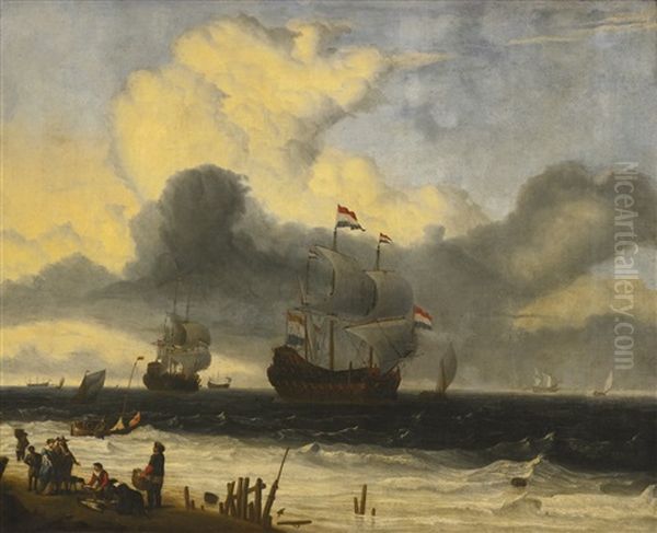 Ships Off The Coast, A Storm Approaching Oil Painting by Ludolf Backhuysen the Elder