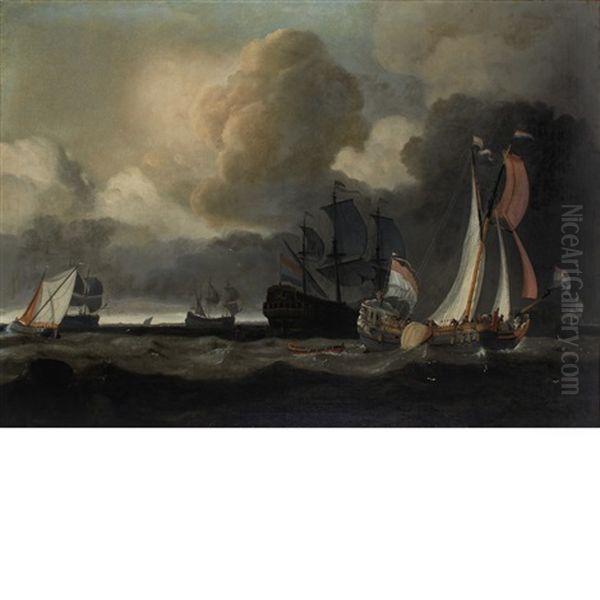 Ships Under Cloudy Skies Off A Coast Oil Painting by Ludolf Backhuysen the Elder