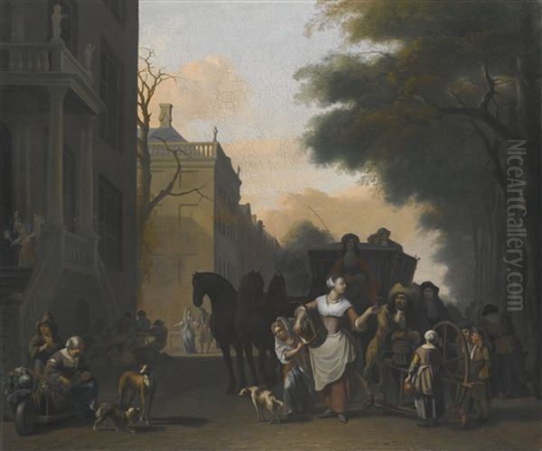 An Amsterdam Street Scene, With A Maid Flirting With A Knife Grinder On A Canal Oil Painting by Ludolf Backhuysen the Elder